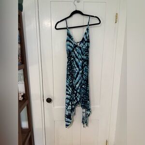 Blue Tie-Dye v neck dress with cinched top and uneven hem
